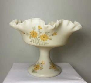 Fenton Yellow Custard Satin Ruffled 6" Candy Dish Pedestal Hand Painted Signed - Picture 1 of 13