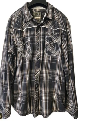 BKE Shirt Mens 2xl Black Brown Plaid Pearl Snap Western Long Sleeve Slim Fit  - Image 1 of 4