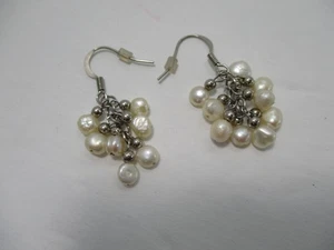 Faux Pearl Earrings Off White Silver Tone Drop Multiple Pearls Cascading 1.5 in - Picture 1 of 2