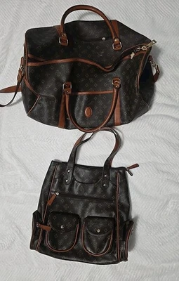 Vintage Coated Canvas Print  Duffle Leather Bag And Purse Travel Set - Image 1 of 4
