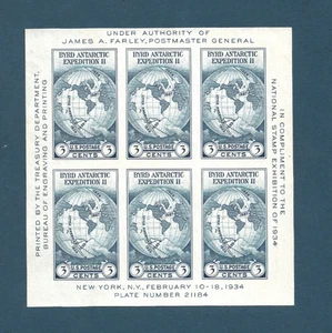 U.S. Scott 735 3 Cent Blue Byrd 1934 Farley Sheet of 6 MintHinged - Nice! - Picture 1 of 2
