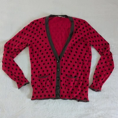 Boden Red Polka Dot V Neck Button Up Cardigan Sweater Women Sz 10 Lettuce Hem - Image 1 of 4