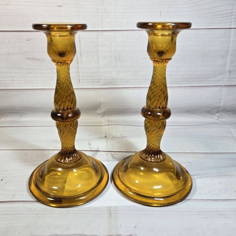 Amber Glass Candlestick Holders Set of 2 - Vintage Decor - Image 1 of 4