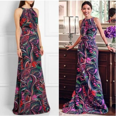 EMILIO PUCCI Black Smeraldo Floral Print Jewel Neckline Maxi Evening Gown SizeXS - Image 1 of 4