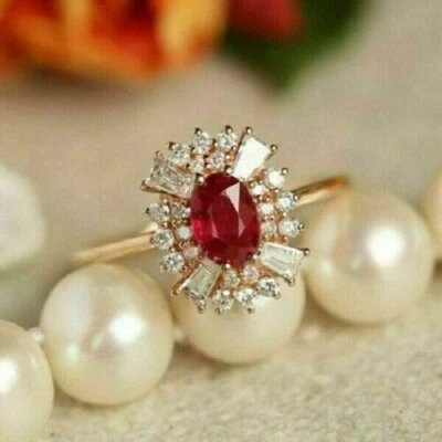 2Ct Lab-Created Red Ruby Unique Halo Women's Engagement Ring 14K Rose Gold Fn - Image 1 of 4