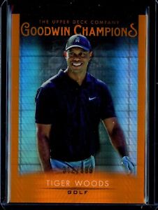 2021 UD Goodwin Champions #25 Tiger Woods PGA Golf Platinum Orange Prizm 312/399