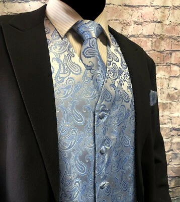 Light Blue XS to 6XL Paisley Tuxedo Suit Dress Vest Waistcoat & Neck tie Hanky  - Image 1 of 4
