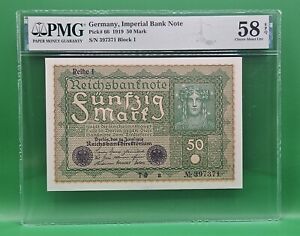 1919 GERMANY IMPERIAL BANK NOTE 50 MARK P# 66 PMG 58 EPQ CHOICE UNC