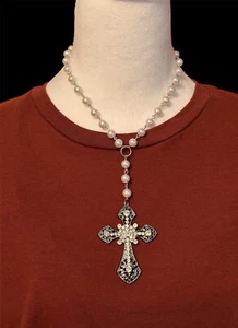 Pearl Necklace With Cross Pendant Goth Silver Big Large Punk Gothic Victorian - Picture 1 of 6