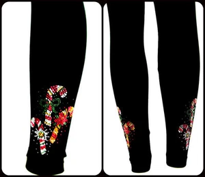 Regular or Plus Size Yoga Leggings Rhinestone Trio of Holiday Candy Canes Design - Picture 1 of 2