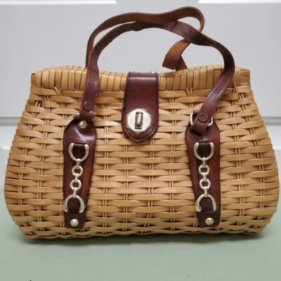 Vintage Woven Rattan Purse Leather Straps, Vibrant Diamond Pattern Lining  - Image 1 of 4