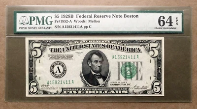1928B $5 FRN BOSTON   Fr. 1952-A  /  PMG 64 EPQ   Ser# A 15921411 A - Image 1 of 3