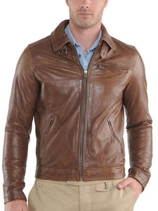 Giacca uomo pelle marrone 100% vera pelle di agnello slim fit biker jacket-215 - Foto 1 di 16