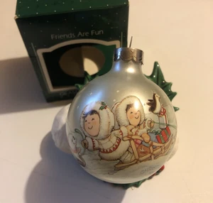 Vintage Hallmark Friends are Fun 1986 Eskimo Snow Dog Glass Ornament Ball Bulb - Picture 1 of 6