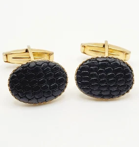 Western Style Black Reptile Leather Dyed with Gold Tone Fancy Formal Cufflinks - Picture 1 of 11