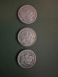 US 3 Cent Nickel 3-Coin lot - 1870, 1874 and 1875 (3C three cents) - Picture 1 of 9