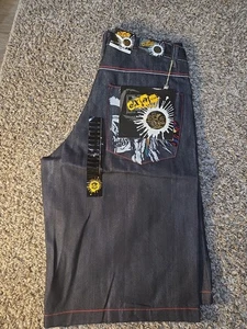 Vintage Jean Shorts EXA Jeans Size 36 Black Native Embroidery - Picture 1 of 9