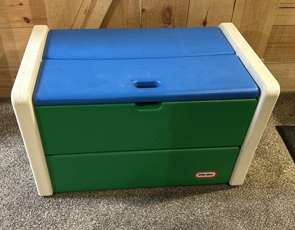 ВИНТАЖНЫЙ БОЛЬШОЙ МАЛЕНЬКИЙ TIKES ИГРУШКА КОРОБКА ДЛЯ ХРАНЕНИЯ СУНДУК БЕЛЫЙ ЗЕЛЕНЫЙ СИНИЙ 1980-х 90-х - Изображение 1 из 4