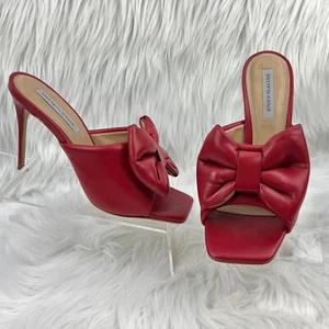 Saks Fifth Ave Womens 8 Red Leather Vermelho Stiletto Sandals Bow Heels Minnie - Picture 1 of 16