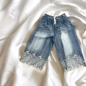 Mei Mei Denim Wide Leg "Mama" Jeans Boho size 14 Embroidered Draw String Capris - Picture 1 of 15