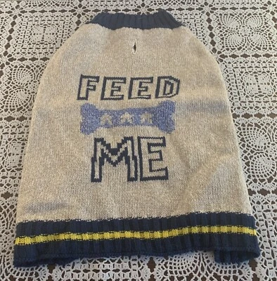 Tan Navy Blue Dog Sweater Feed Me Dog Bone Warm Winter Wear MEDIUM Hungry Puppy - Image 1 of 4