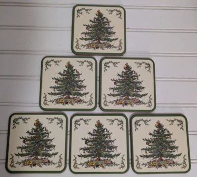 6 Spode Coasters Christmas Tree Design Holiday Tree & Presents Cork Back - Image 1 of 2