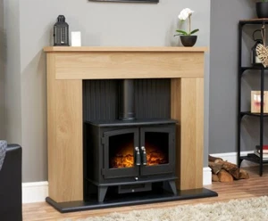 ELECTRIC FIRE STOVE OAK BLACK MODERN FIREPLACE LED LOGS SURROUND SUITE BNIB - Picture 1 of 6