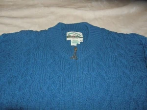 Womens L Aran Crafts Blue IRISH Knit Cardigan SWEATER Zip Up IRELAND Wool - Picture 1 of 5