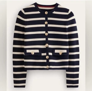 Cárdigan Chaqueta Tejida Boden Holly Azul Marino Marfil Rayas Botones Dorados Talla 8 - Imagen 1 de 13