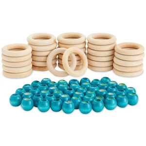 80 Pieces Macrame Making Set, Unfinished Teal Wood Beads Wooden Rings for Crafts - Picture 1 of 8