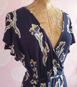 Warehpuse Navy Floral Iris Flute Sleeve Wrap Belted Dress UK 14 - Picture 1 of 4