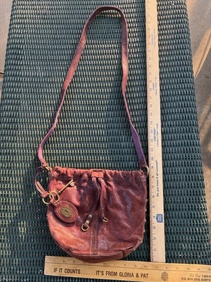 Vintage Fossil Sm Studded Brown Leather Faux Drawstring Crossbody Bag Few Rips - Image 1 of 4