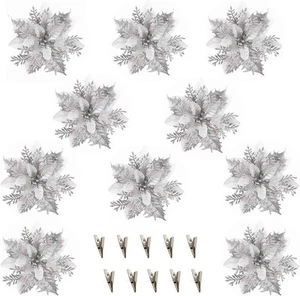 10 Pcs Fake Flowers Poinsettia Artificial Silver and White Flower 5.5"... - Picture 1 of 7