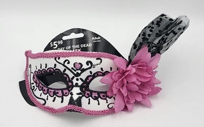Day of the Dead Adult Halloween Pink & White Masquerade Mask - New - Image 1 of 3