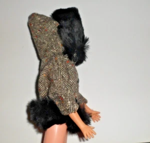 TWEED FAUX FUR JACKET W HOOD  FASHION  DOLL CLOTHES FIT 12" DOLL HOMEMADE TAMMY - Picture 1 of 7