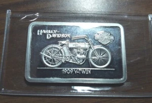 1909 FIRST V-TWIN HARLEY-DAVIDSON MOTORCYCLE 1.4 ozt 999 SILVER ART BAR - Picture 1 of 2