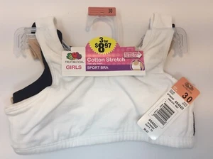 Fruit of the Loom Bra Sports Girls Cotton Stretch Two-ply Front Size 30 3 Pk - Picture 1 of 3
