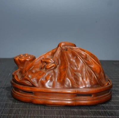 5.1" Old Chinese Yellow poplar wood finely carved lotus incense burner ornament - Imagem 1 de 4