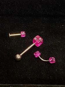 Set Of 3 Hypoallergenic Dice Piercings Libret, Curved & Barbell 14 Gauge & 16 G - Picture 1 of 5