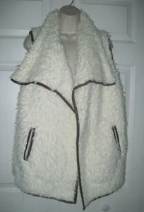Plush Vest White Fluffy Faux Fur Brown Felt Fabric Trim Winter Women's Large - Picture 1 of 12