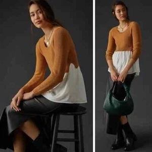 euc By Anthropologie Women’s Layered Sweater/Pullover top Camel / White Size XL - Imagen 1 de 11
