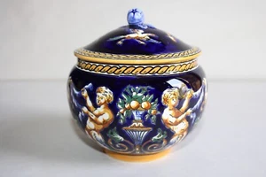Gien earthenware sugar bowl Italian Renaissance decor blue background, height 12 cm - Picture 1 of 9