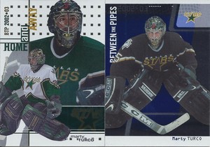 Marty Turco 2002-03 In The Game Between The Pipes Base & Home and Away Cards