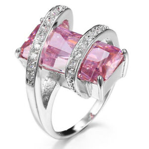 Gorgeous Rectangle Genuine Sweet Pink Topaz Gems Silver Wedding Ring Sz 6-10