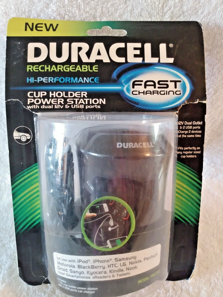 Duracell Fast Charging Cup Holder Power Station 12v Dual Outlet 2 USB Ports