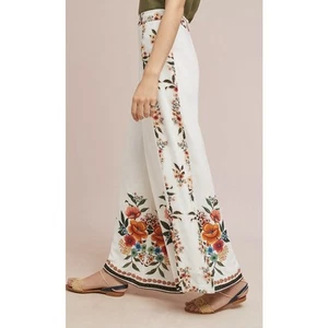 Farm Rio Anthropologie Womens Melila Floral Flared Pants White Wide Leg XS - Picture 1 of 11