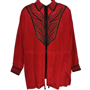 Bob Mackie Silk Wearable Art Red Long-Sleeve Tie Cinch Waist Jacket-Size 1X - Picture 1 of 9