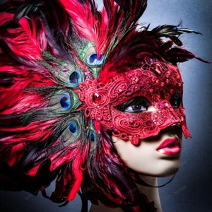 Red Venice Carnival Feather Peacock Masquerade Venetian Mardi Gras Party Mask - Picture 1 of 9