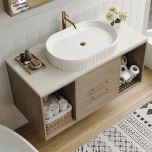Modern Wall-Mounted Floating Cabinet Bathroom Vanity with Oval Sink & 2 Drawers - Picture 1 of 8