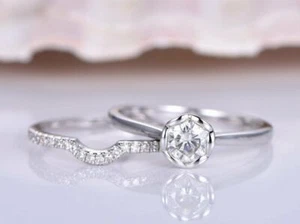 Bridal Set Women Ring 1.6ct Round Cut Simulated Diamond 14k White Gold Plated - Picture 1 of 5